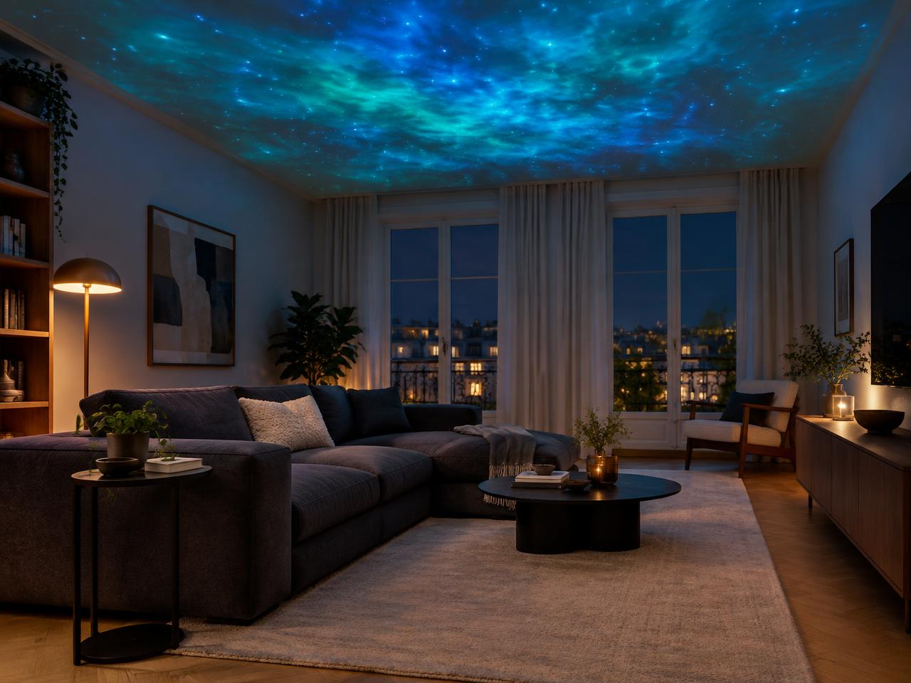 Illustrativer Wohnraum mit kosmischer Lichtstimmung